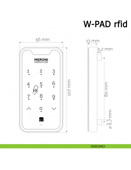 Serratura elettronica per mobile W-PAD RFID Meroni con tastiera numerica e lettore di carte - disegno