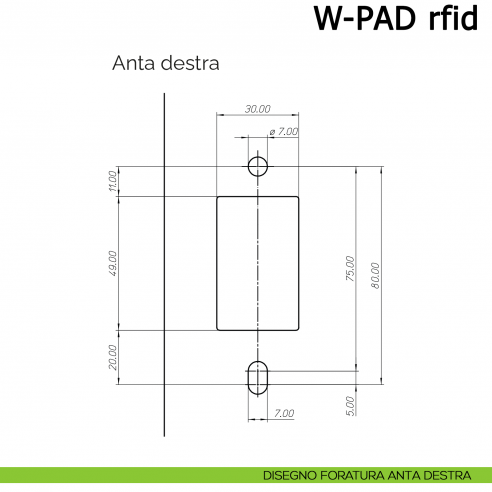 Serratura elettronica per mobile W-PAD RFID Meroni con tastiera numerica e lettore di carte - disegno foratura anta destra