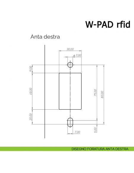 Serratura elettronica per mobile W-PAD RFID Meroni con tastiera numerica e lettore di carte - disegno foratura anta destra