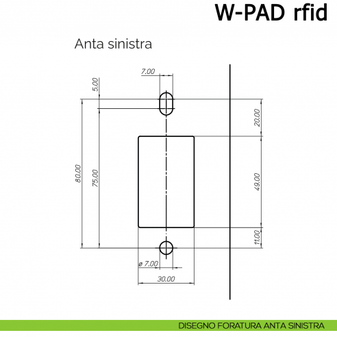 Serratura elettronica per mobile W-PAD RFID Meroni con tastiera numerica e lettore di carte - disegno foratura anta sinistra