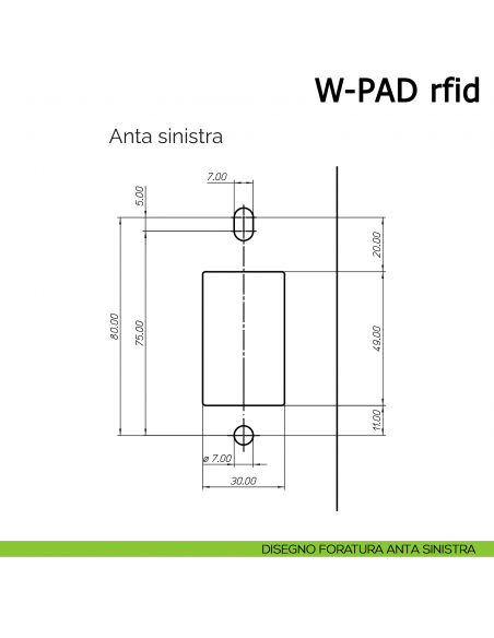 Serratura elettronica per mobile W-PAD RFID Meroni con tastiera numerica e lettore di carte - disegno foratura anta sinistra