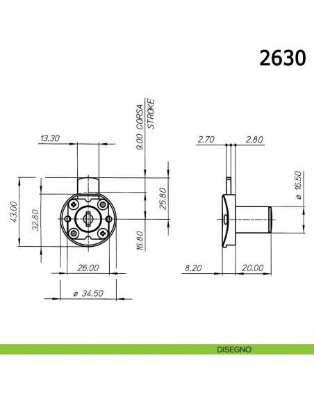 Serratura per cassetto con cilindro diametro 16,5 mm lunghezza 20 mm catenaccio piano 2630 Meroni - disegno