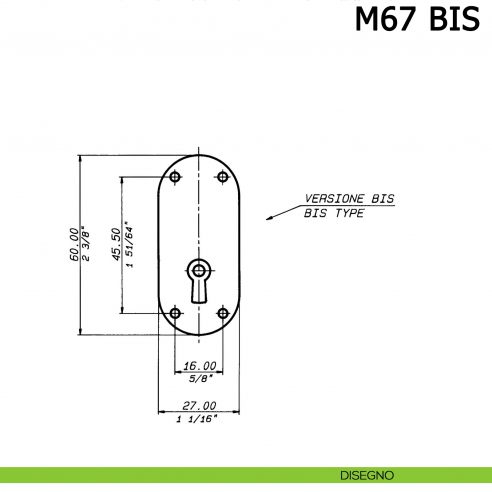 Serratura a stringa da incastrare per anta senza alette di fissaggio M67 Meroni - disegno