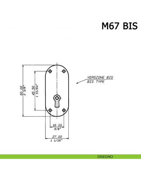 Serratura a stringa da incastrare per anta senza alette di fissaggio M67 Meroni - disegno