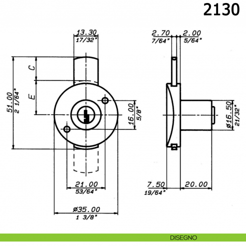 Serratura per cassetto con cilindro diametro 16,5 mm lunghezza 20 mm catenaccio piano 2130 Meroni