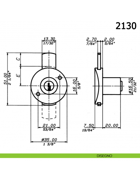 Serratura per cassetto con cilindro diametro 16,5 mm lunghezza 20 mm catenaccio piano 2130 Meroni