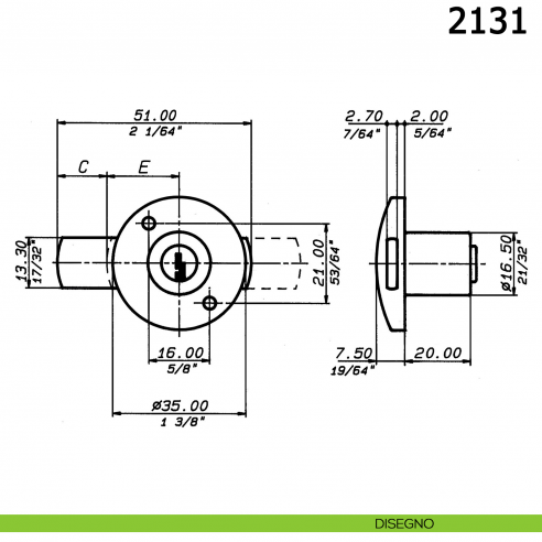 Serratura per anta con cilindro diametro 16,5 mm lunghezza 20 mm catenaccio piano 2131 Meroni - disegno