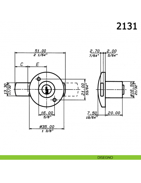 Serratura per anta con cilindro diametro 16,5 mm lunghezza 20 mm catenaccio piano 2131 Meroni - disegno