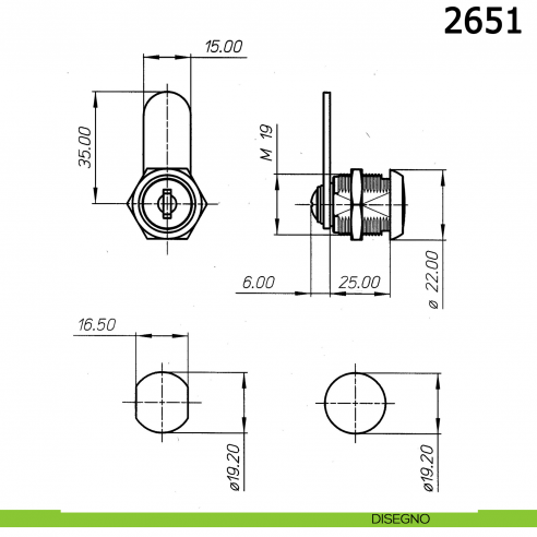 Serratura universale con cilindro a levetta diametro 19 mm lunghezza 25 mm 2651 Meroni - disegno
