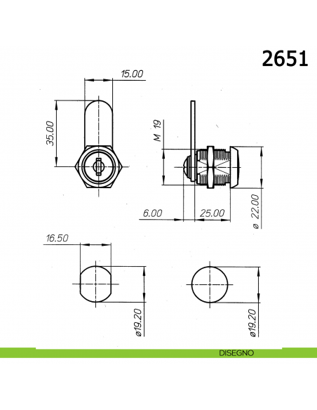Serratura universale con cilindro a levetta diametro 19 mm lunghezza 25 mm 2651 Meroni - disegno