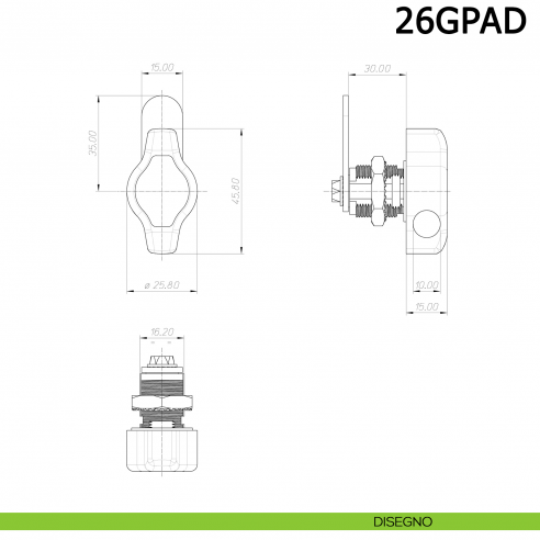 Serratura universale lucchettabile a levetta per anta cilindro diametro 16,2 mm lunghezza 30 mm 26GPAD Meroni - disegno