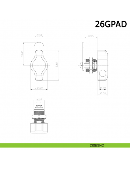 Serratura universale lucchettabile a levetta per anta cilindro diametro 16,2 mm lunghezza 30 mm 26GPAD Meroni - disegno