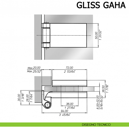 Cerniera per porta in vetro Meroni Gliss GAHA braccio normale - disegno