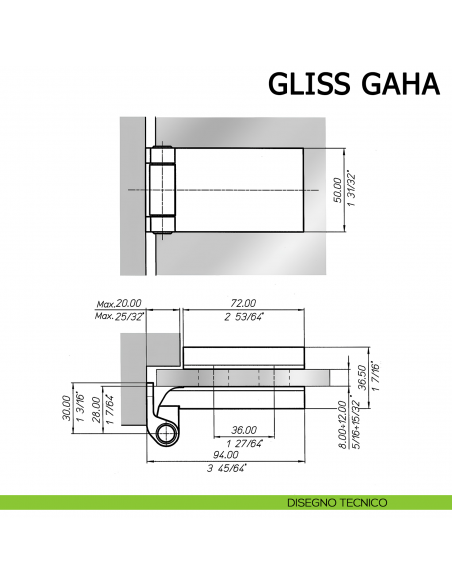 Cerniera per porta in vetro Meroni Gliss GAHA braccio normale - disegno