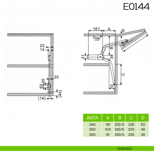 Braccio per ante a pacchetto E0144 disegno
