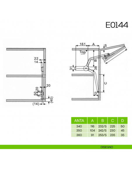 Braccio per ante a pacchetto E0144 disegno