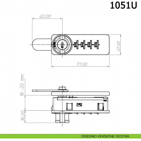 Serratura a combinazione meccanica per mobile 1051U Meroni - disegno versione destra