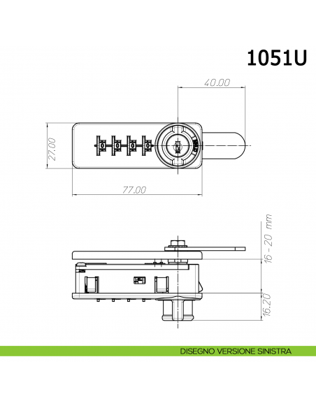 Serratura a combinazione meccanica per mobile 1051U Meroni - disegno versione sinistra