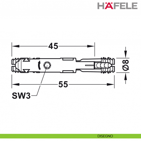 Giunzione ad aspansione Hafele Ixconnect UC 8/60 per spessore legno a partire da 15 mm - disegno