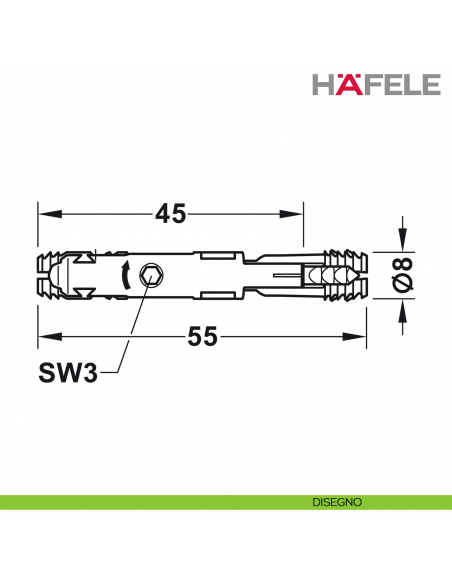 Giunzione ad aspansione Hafele Ixconnect UC 8/60 per spessore legno a partire da 15 mm - disegno