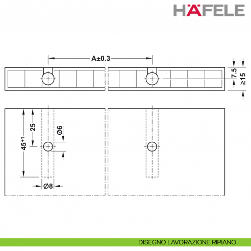 Giunzione ad aspansione Hafele Ixconnect UC 8/60 per spessore legno a partire da 15 mm - disegno lavorazione ripiano