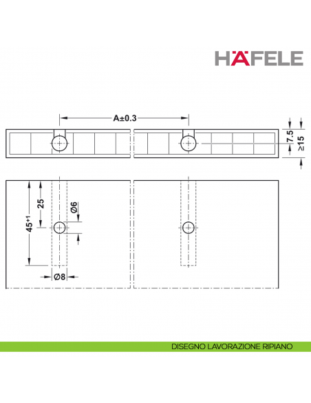 Giunzione ad aspansione Hafele Ixconnect UC 8/60 per spessore legno a partire da 15 mm - disegno lavorazione ripiano