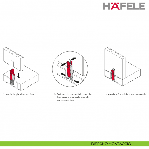 Giunzione ad aspansione Hafele Ixconnect UC 8/25 per spessore legno a partire da 15 mm - disegno montaggio
