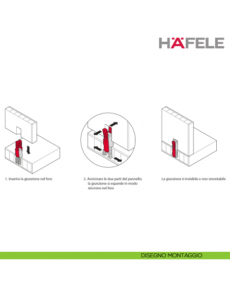 Giunzione ad aspansione Hafele Ixconnect UC 8/25 per spessore legno a partire da 15 mm - disegno montaggio