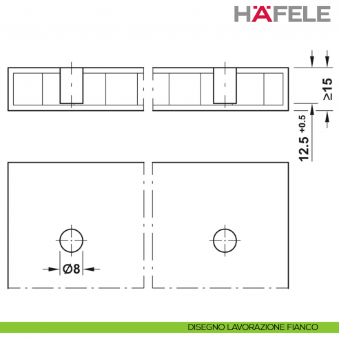 Giunzione ad aspansione Hafele Ixconnect UC 8/25 per spessore legno a partire da 15 mm - disegno lavorazione fianco