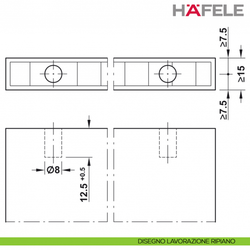 Giunzione ad aspansione Hafele Ixconnect UC 8/25 per spessore legno a partire da 15 mm - disegno lavorazione ripiano
