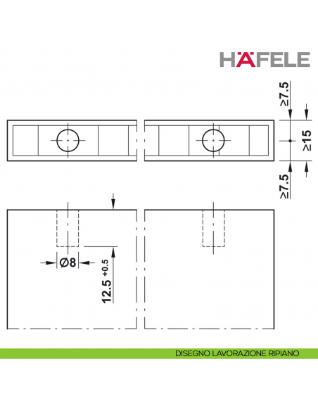 Giunzione ad aspansione Hafele Ixconnect UC 8/25 per spessore legno a partire da 15 mm - disegno lavorazione ripiano