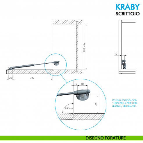 Pistone a gas per scrittoio Ferramenta Livenza Kraby apertura ammortizzata lunghezza 360 mm - disegno forature