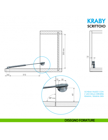 Pistone a gas per scrittoio Ferramenta Livenza Kraby apertura ammortizzata lunghezza 360 mm - disegno forature