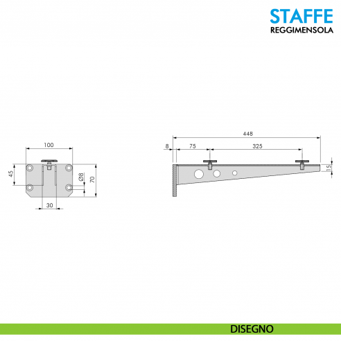 Staffa reggimensola per mensolone bagno e lavabo da appoggio misura 448 mm Ferramenta Livenza - disegno