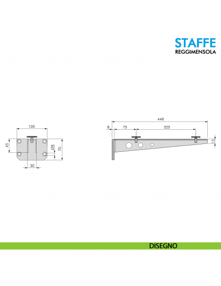 Staffa reggimensola per mensolone bagno e lavabo da appoggio misura 448 mm Ferramenta Livenza - disegno