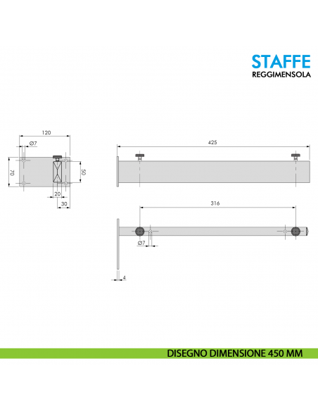 Staffa per lavabo sospeso e mensolone bagno regolabile in metallo Ferramenta Livenza - disegno 425 mm