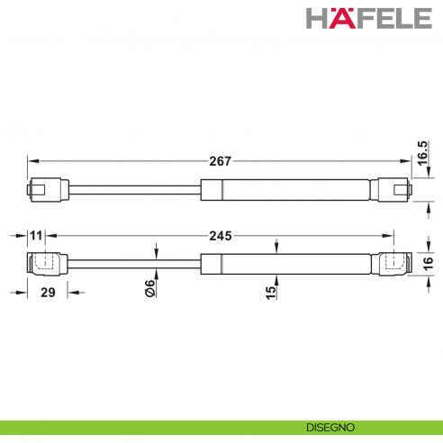 Pistone a gas Hafele per ante a ribalta in legno o con telaio in alluminio - disegno