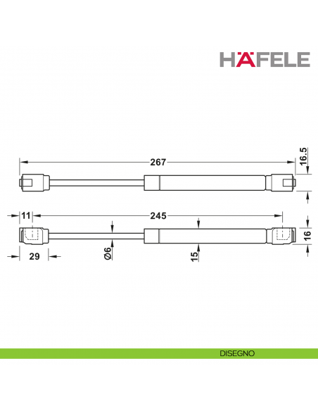 Pistone a gas Hafele per ante a ribalta in legno o con telaio in alluminio - disegno