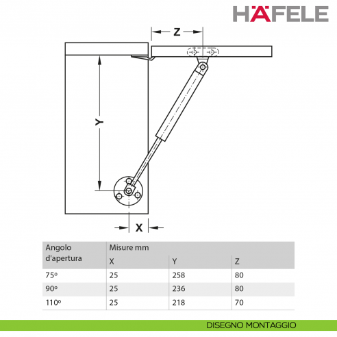 Pistone a gas Hafele per ante a ribalta in legno o con telaio in alluminio - disegno montaggio