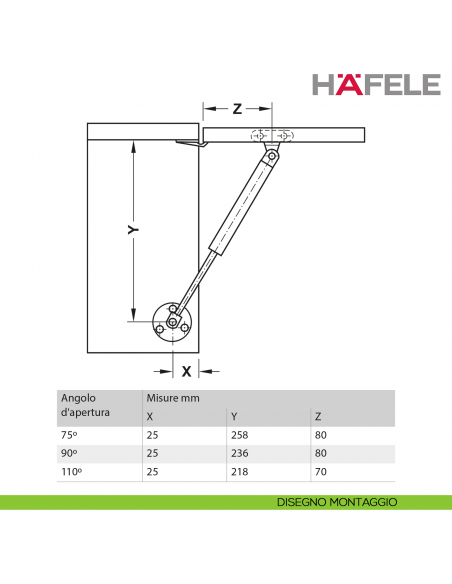 Pistone a gas Hafele per ante a ribalta in legno o con telaio in alluminio - disegno montaggio