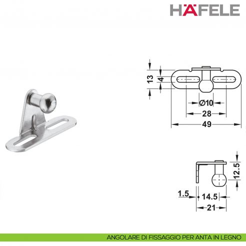 Pistone a gas Hafele per ante a ribalta in legno o con telaio in alluminio - angolare di fissaggio per anta in legno