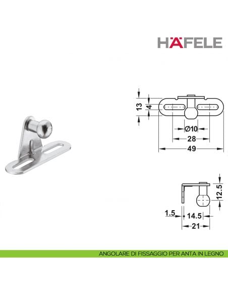 Pistone a gas Hafele per ante a ribalta in legno o con telaio in alluminio - angolare di fissaggio per anta in legno