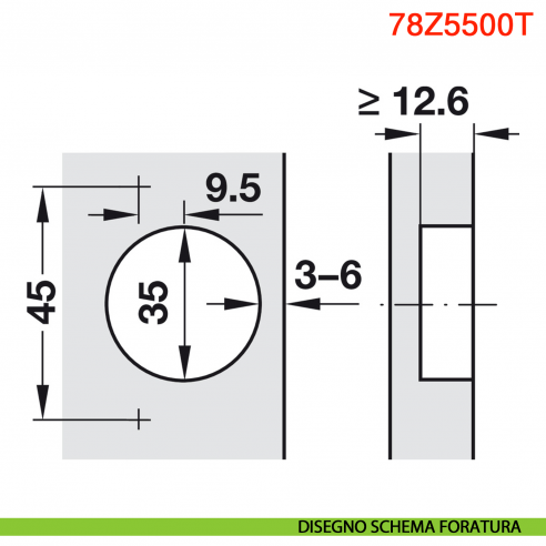 Cerniera centrale Blum 78Z5500T Clip Top per Aventos HF senza molla apertura 134 gradi - disegno misura gabbia