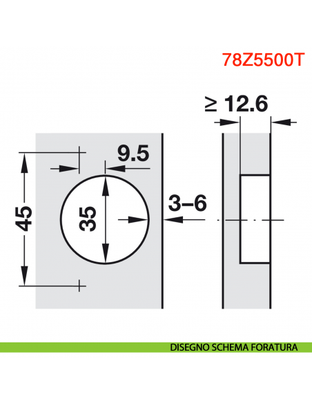 Cerniera centrale Blum 78Z5500T Clip Top per Aventos HF senza molla apertura 134 gradi - disegno misura gabbia