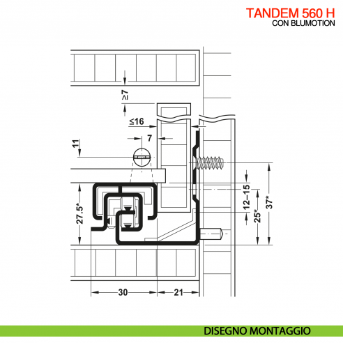 Guida Blum Tandem Blumotion 560H portata 30 kg estrazione totale ammortizzata con frizioni di montaggio - disegno montaggio