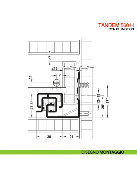 Guida Blum Tandem Blumotion 560H portata 30 kg estrazione totale ammortizzata con frizioni di montaggio - disegno montaggio