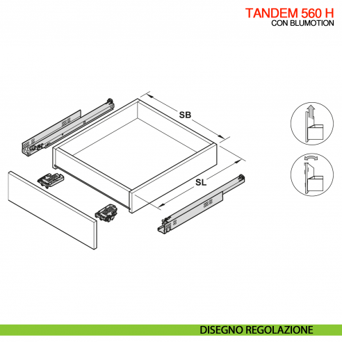 Guida Blum Tandem Blumotion 560H portata 30 kg estrazione totale ammortizzata con frizioni di montaggio - disegno regolazione