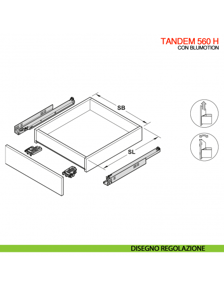 Guida Blum Tandem Blumotion 560H portata 30 kg estrazione totale ammortizzata con frizioni di montaggio - disegno regolazione