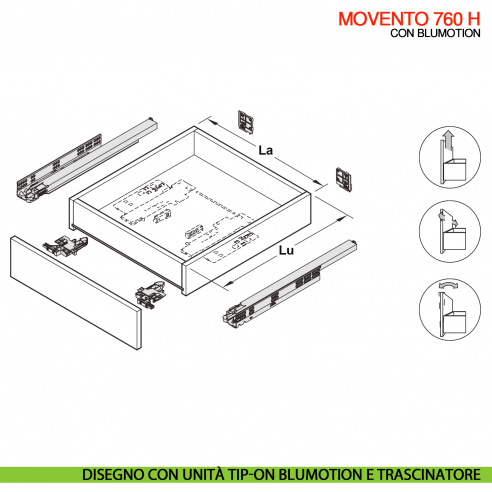Guida Blum Tandem Blumotion 560H portata 30 kg estrazione totale ammortizzata con frizioni di montaggio