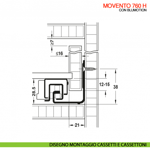 Guida per cassetto Blum Movento Blumotion 760H portata 40 kg estrazione totale ammortizzata